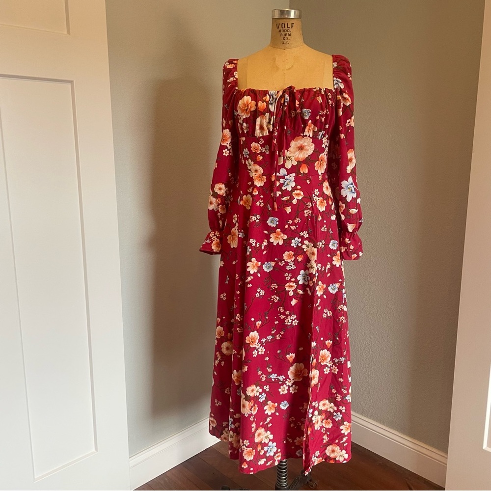 SHEIN- SZ M Maroon Floral Print Square Neck Flounce Sleeve Split Thigh Dress